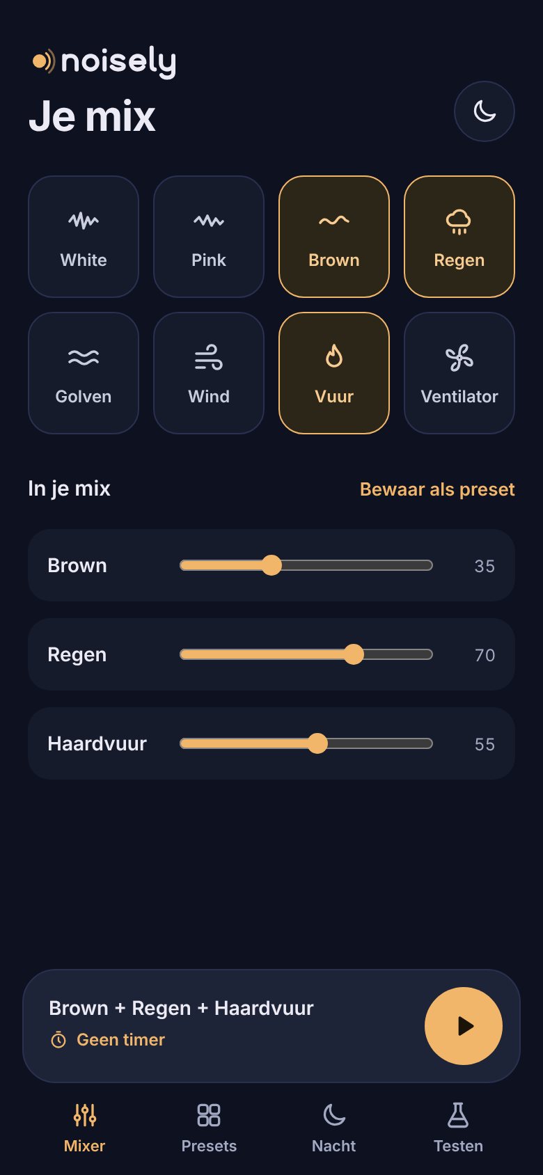 De mixer van Noisely met Brown, Regen en Haardvuur aan, elk met een eigen volumeschuif